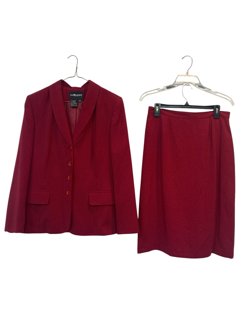 Sag Harbor Women's size 12 Wine-Red Pinstripe Tailored Blazer Skirt Set Vintage